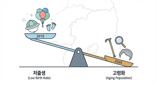 대구경북 지역에서 2015년부터 2025년까지 10년새 저출생 고령화 현상이 두드러지고 있는 것으로 나타났다. <그래픽=생성형 AI>