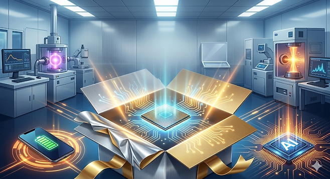 서울시립대 김태완 교수팀이 세계 최초로 성공한 '플라즈마 정밀 제어' 기술을 형상화한 이미지. 상자 속 반도체에서 뻗어 나오는 푸른 빛과 회로는 기존 대비 저항을 10만 배 낮춘 압도적 기술력을 상징하며, 하단의 스마트폰과 AI 칩은 이 기술이 적용될 미래 산업 분야를 보여준다. (그래픽=제미나이 생성)