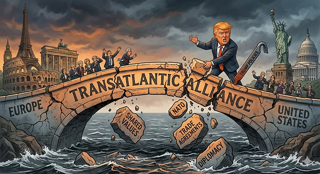 트럼프로 인해 유럽과 미국의 동맹이 무너지는 이미지. 제미나이생성
