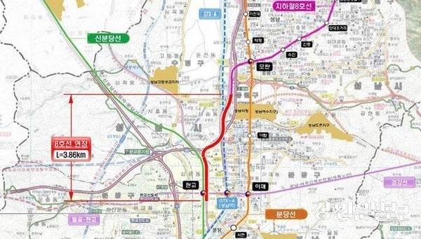 ‘지하철 8호선 판교연장’ 예상 노선도. /성남시 제공