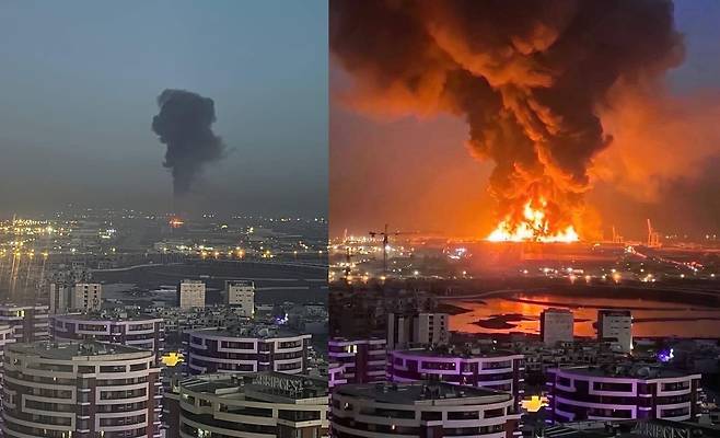 지난 1일 이라크 에르빌 공항이 이란의 공격을 받은 뒤 같은 시기 소셜미디어에 유포된 똑같은 구도의 두 사진. AFP통신은 분석 결과 우측 이미지에 AI가 사용돼 불길과 연기를 과장되게 표현했다고 결론지었다. (출처=소셜미디어 엑스)