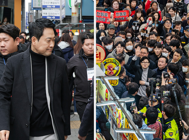 장동혁 국민의힘 당대표가 지난 2월 11일 대구 중구 서문시장 내부를 순회할 당시의 모습(왼쪽), 당에서 제명된 한동훈 전 국민의힘 대표가 지난 2월 27일 대구 중구 서문시장 내부에서 상가건물 인파를 바라보며 인사하는 모습(오른쪽).[국민의힘 홈페이지 사진·연합뉴스 사진 갈무리]