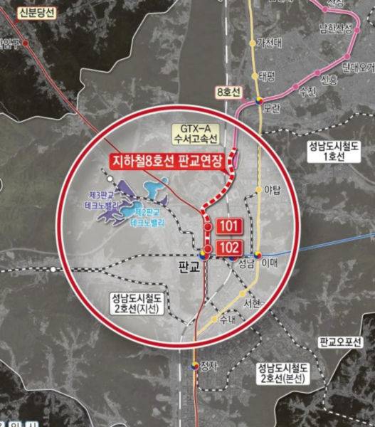지하철 8호선 판교연장사업 노선도./사진제공=성남시
