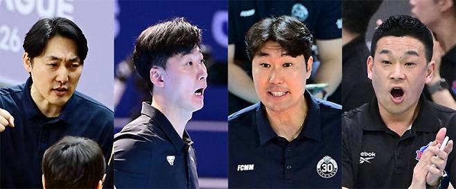 KB손해보험 하현용, 우리카드 박철우, 삼성화재 고준용, IBK기업은행의 여오현 감독대행. 한국배구연맹 제공