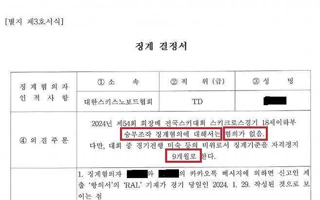 대한스키스노보드협회 스포츠공정위의 징계 결정서. 윤리센터 조사와 반대로 '승부조작' 혐의가 없다고 명시하며 경기진행 미숙에 대한 징계를 의결했다. 스포츠공정위 현장에는 5명의 공정위원이 있었다.&nbsp;