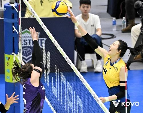 공격하는 현대건설의 양효진(오른쪽) [한국배구연맹 제공. 재판매 및 DB 금지]
