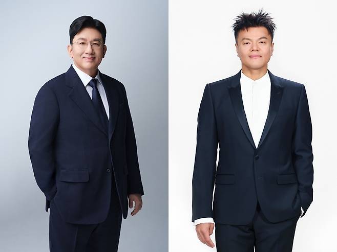 왼쪽부터 방시혁 하이브 의장, 박진영 JYP 설립자 겸 CCO [하이브·JYP엔터테인먼트 제공. 재판매 및 DB 금지]