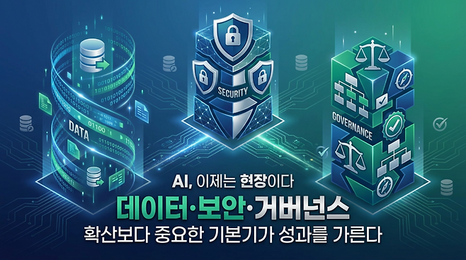 AI가 현장으로 내려올수록 먼저 드러나는 것은 화려한 기술의 차이가 아니다. 실제 성패를 가르는 것은 데이터 품질, 권한 통제, 시스템 연결 방식, 보안 성숙도 같은 기본기다. (이미지=젠스파크로 생성)