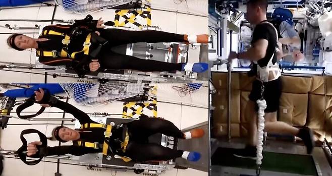 미국 항공우주국(NASA) 우주비행사들이 피지컬 마인드 런던의 운동기구로 운동을 하는 모습. 사진=로이터 유튜브 캡처