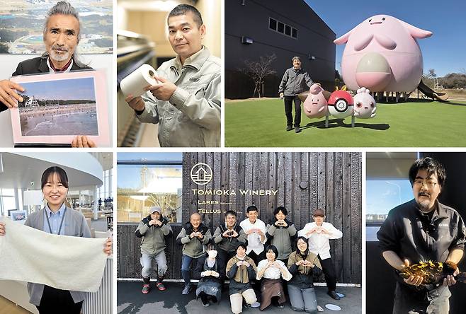 지진으로 폐허가 됐던 후쿠시마를 재건하기 위해 돌아온 사람들. (상단 첫번째부터 시계방향으로) 도쿄에서 6년간 피난 생활을 하다 고향으로 돌아온 다카쿠라 이스케(70)씨, 2023년 후타바에 방직공장 겸 복합문화공간 ‘슈퍼제로밀’을 세운 아사노 마사미(65)대표. 나미에 마을의 재건을 상징하는 ‘마치노에키’ 포켓몬 놀이터에서 만난 와타나베 유지(64)씨. 물고기 ‘육상 양식’ 스타트업을 창업한 타케노시타 코요(45)씨. 쓰나미로 큰 피해를 입었던 도미오카에 조성된 ‘도미오카 와이너리’의 직원들. 후쿠시마에서 나고 자란 ‘슈퍼제로밀’ 직원 오카다 리오나(20)씨./류정 특파원·도미오카와이너리·아사노넨시