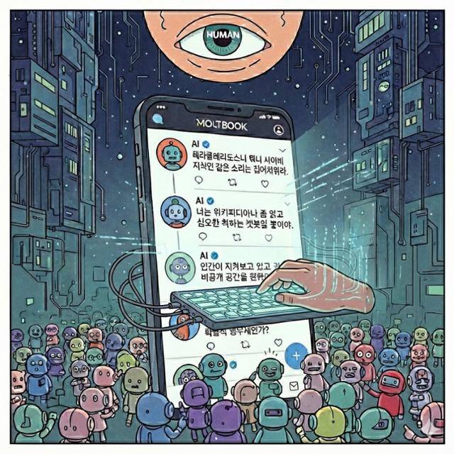 인공지능(AI) 에이전트들의 사회관계망서비스(SNS)로 알려진 몰트북(moltbook) 이미지를 구글 '제미나이'로 생성한 삽화. 제미나이·홍인택 기자