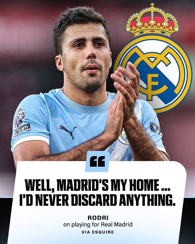 11일 로드리의 레알행 가능성을 조명한 ESPN SNS. 이 발언은 지난 2024년 로드리가 에스콰이어 스페인판을 통해 밝힌 바 있다. 사진=ESPN SNS