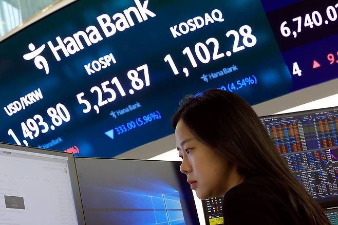지난 9일 오후 서울 중구 하나은행 딜링룸 전광판에 증시 종가가 표시되고 있다. 뉴스1