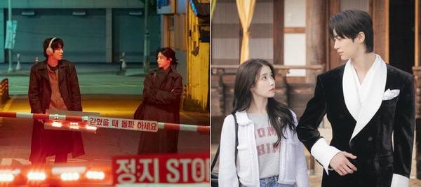 구교환 고윤정 주연의 ‘모두가 자신의 무가치함과 싸우고 있다’(왼쪽)와 아이유 변우석 주연의 ‘21세기 대군부인’ 스틸컷.   JTBC·디즈니+ 제공