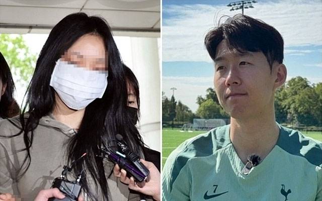 축구 국가대표팀 주장 손흥민의 아이를 임신했다고 주장하며 손씨에게 돈을 뜯어내려 한 20대 여성 A씨가 17일 영장실질심사를 받기 위해 서울중앙지법에 들어서고 있다. 오른쪽은 한국 취재진과 만나 인터뷰하는 손흥민 선수.  연합뉴스