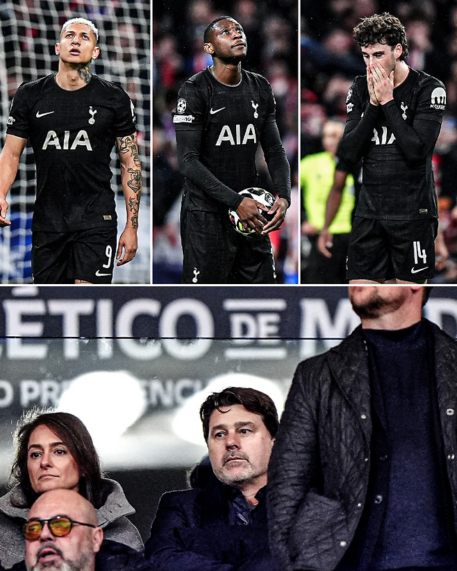 11일, 아틀레티코 마드리드전 전반전을 마친 토트넘 선수들과 마우리시오 포체티노(밑). ESPN UK