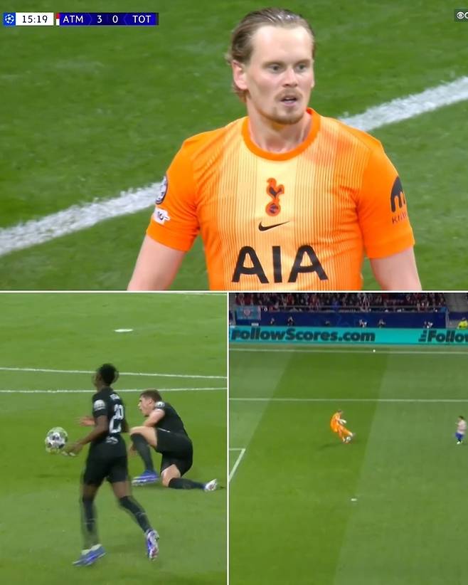 2025-2026시즌 유럽축구연맹(UEFA) 챔피언스리그 16강 1차전 아틀레트코 마드리드vs토트넘 홋스퍼의 맞대결에서 토트넘 수비진에서 치명적 실책이 나온 상황. ESPN FC