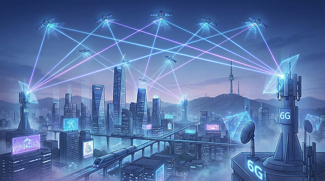 저궤도 위성과 6G 지상 기지국이 통합 네트워크를 구성하는 개념도
