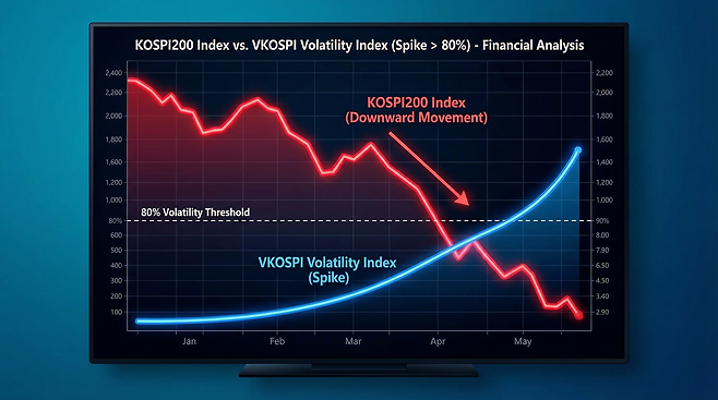 2026년 3월 코스피200 지수 차트와 VKOSPI 변동성 지수 급등 그래프