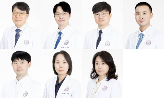 (윗줄 왼쪽부터 시계방향) 한림대학교성심병원 김양수 감염내과 교수, 장석인 척추센터 교수, 문봉수 척추센터 교수, 임성준 외과 교수, 이향래 가정의학과 교수, 김나영 호흡기내과 교수, 이규진 호흡기내과 교수(사진제공=한림대성심병원)