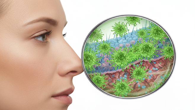 호흡기 바이러스가 코 점막 상피세포에 부착하여 체내 감염을 유발하는 초기 단계를 시각화한 가상 이미지｜출처: Gemini 생성