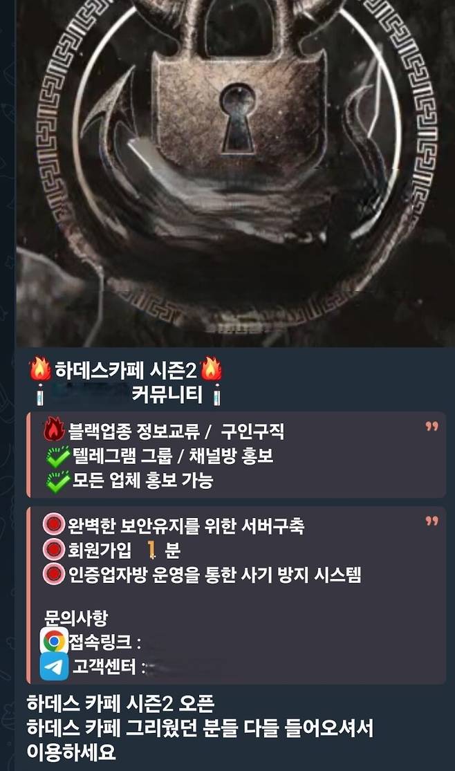 한 텔레그램 채팅방에 올라온 '하데스 카페 시즌 2' 홈페이지 홍보 문구. /텔레그램 캡처