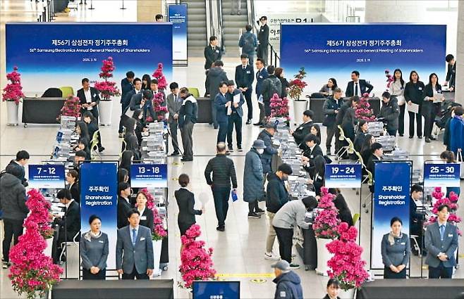 삼성전자 소액주주들이 지난해 정기 주주총회에 입장하기 위해 주주 확인 절차를 거치고 있다. /한경DB