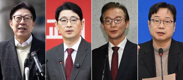 ‘6·3 지방선거’ 부산시장 후보 경선 구도가 확정됐다. 왼쪽부터 국민의힘 부산시장 후보 경선 출마를 선언한 박형준 부산시장과 주진우 의원. 더불어민주당 부산시장 후보 경선에 출마한 전재수 의원과 이재성 전 부산시당위원장. 국제신문 DB