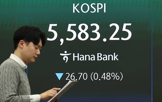 12일 서울 중구 하나은행 본점 딜링룸 전광판에 종가가 표시되고 있다. [뉴스1]