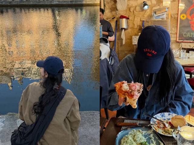 수지가 바닥에 앉아서 사람 구경을 하는가 하면 칼로리 높은 피자를 먹어 눈길을 끌었다. / 수지 소셜미디어