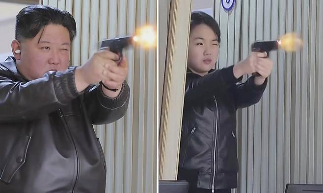총 쏘는 부녀 김정은 북한 국무위원장(왼쪽)과 딸 주애가 지난 11일 휴대용 경량 무기를 생산하는 군수공장을 시찰하고 실내사격장에서 새로 개발한 권총으로 사격을 하고 있다. 평양=조선중앙TV·뉴시스