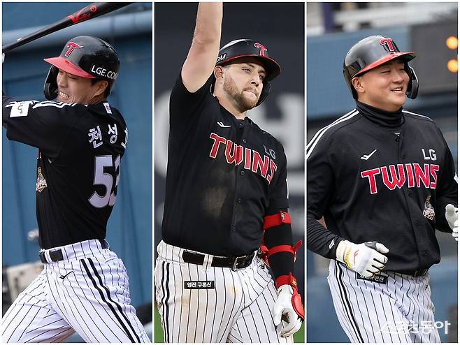 LG 천성호, 오스틴 딘, 이재원(왼쪽부터)이 12일 마산구장서 열린 NC와 시범경기 개막전서 나란히 홈런을 쏘아 올렸다. LG는 타선의 활약에 힘입어 NC를 11-6으로 제압했다. 사진제공｜LG 트윈스