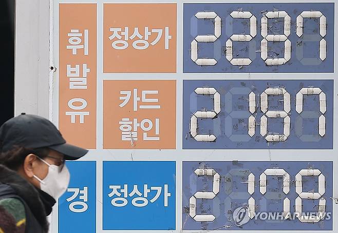 급등하는 유가…기름값 최고가격 지정제 실시되나 (서울=연합뉴스) 김성민 기자 = 유가 급등으로 정부가 최고가격 지정을 검토 중인 9일 오전 9시 기준 전국 주유소 평균 휘발유 가격은 ℓ당 1천897.7원으로 전날보다 2.3원 올랐다. 경유 가격은 같은 시각 1천920.1원으로 2.3원 상승했다. 
    사진은 서울 시내 한 주유소의 모습. 2026.3.9 ksm7976@yna.co.kr