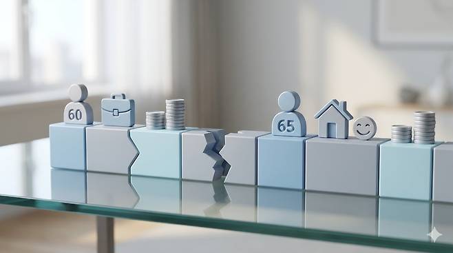 정년 60세 퇴직 후 국민연금 65세 수급까지 소득 공백 구간을 보여주는 타임라인 인포그래픽