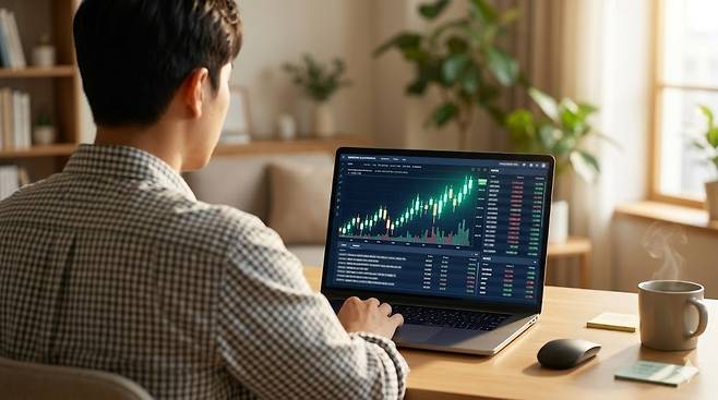 투자자가 노트북 화면으로 삼성전자 주식 차트를 분석하는 장면