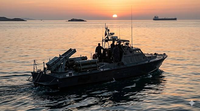 이란 해군 소형 고속정이 기뢰 부설 장비를 탑재한 채 페르시아만에서 이동하는 모습