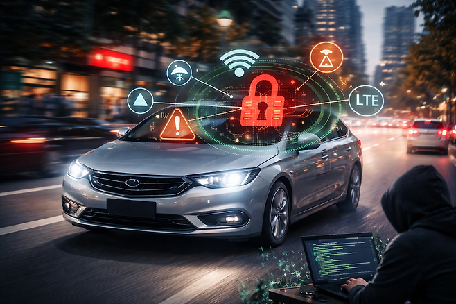 자동차가 소프트웨어로 제어되고 네트워크와 연결되면서 해킹 위협은 현실이 되고 있다. / 챗GPT 생성