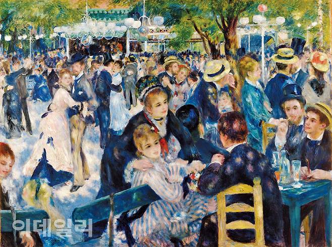 오귀스트 르누아르의 ‘물랭 드 라 갈레트의 무도회’(1876). 르누아르의 성숙기를 대표하는 작품이자 인상주의 화풍의 정수를 담은 걸작이다. 프랑스 파리 몽마르트 언덕에 있는 풍차이자 댄스홀이던 물랭 드 라 갈레트의 일요일 오후 풍경을 그렸다. 생동하는 일상과 반짝이는 햇빛, 르누아르가 평생 추구해온 ‘지금 이 순간의 기쁨’이 선명하다. 캔버스에 유채, 131×175㎝. 오르세미술관(프랑스 파리) 소장.