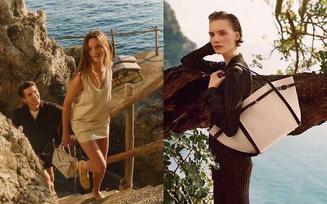 토즈의 ‘이탈리안 스토리즈’ 캠페인은 이탈리아 아말피 해변을 배경으로 럭셔리한 라이프스타일을 담아냈다. 로커스 패브릭 소재의 ‘뉴 T 타임리스 쇼퍼 백’을 착용한 모델의 모습. 사진 토즈