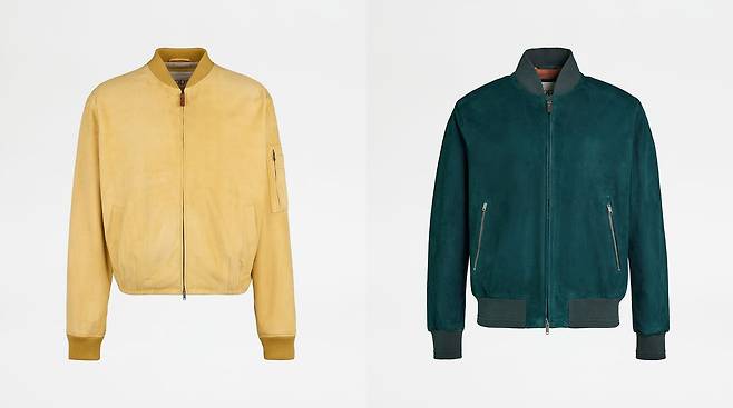 토즈는 파시미 스웨이드를 사용한 봄버 재킷을 옐로·그린·네이비 등 경쾌한 컬러로 출시했다. 사진 토즈