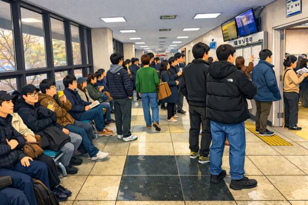 12일 오전 인천지방법원 219호 법정 앞이 경매로 붐비는 모습을 AI로 재현한 이미지. 챗지피티 이미지