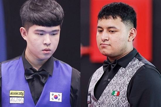 제16회 세계주니어3쿠션선수권 4강전에서 대결할 김도현(왼쪽)과 산체스. (사진=SOOP)