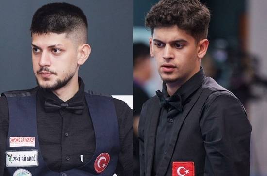 제16회 세계주니어3쿠션선수권 4강전에서 대결할 오즈바시(왼쪽)과 체르케즈. (사진=SOOP)