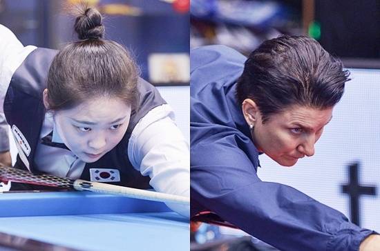 김하은(왼쪽)과 테레사 클롬펜하우어가 25일 스페인 무르시아에서 열린 ‘세계여자3쿠션선수권’ 4강에서 최봄이와 응우옌티리엔을 각각 꺾고 결승에 진출, 우승컵을 놓고 대결한다. (사진=SOOP)