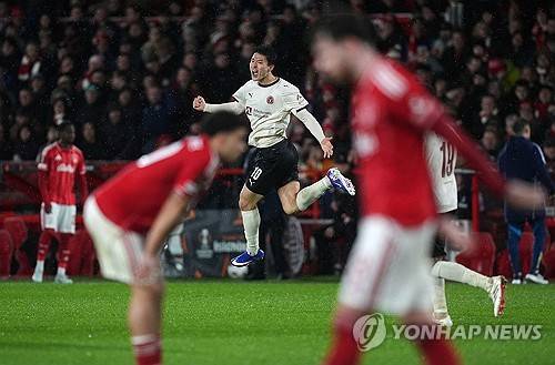 노팅엄을 상대로 득점한 후 세리머니 하는 조규성. [AP=연합뉴스]