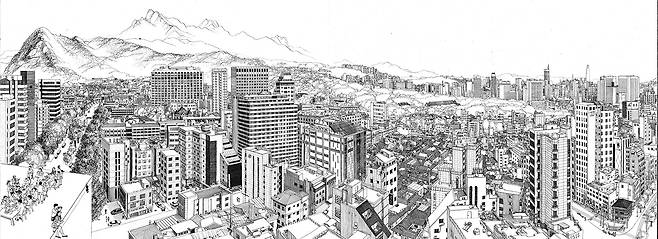 서울 낙원상가에서 본 현재의 북쪽 풍경이다. 운현궁 건물들은 덕성여대 종로캠퍼스에 가려 기와 지붕만 살짝 보인다. 그림 왼쪽 위 북촌에 내가 다닌 유치원이 있었는데, 당시 서울은 고층빌딩이 없고 건물 대부분이 나지막했다. 그림=안충기