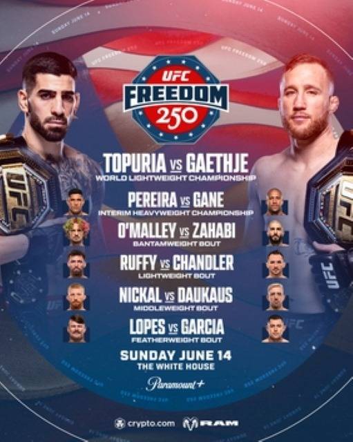 오는 6월 14일(현지시간) 열리는 'UFC 프리덤 250'의 대진표. 총 6개의 빅매치가 열린다. / 위키피디아