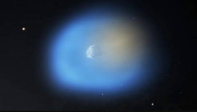 예술가가 상상한 성간 혜성 3I/ATLAS의 모습. 파란색의 메탄올은 혜성의 핵과 코마의 얼음 알갱이에서 흘러나오고, 주황색 시안화수소는 주로 핵에서 방출된다. (이미지=NSF/AUI/NSF NRAO/M.Weiss)