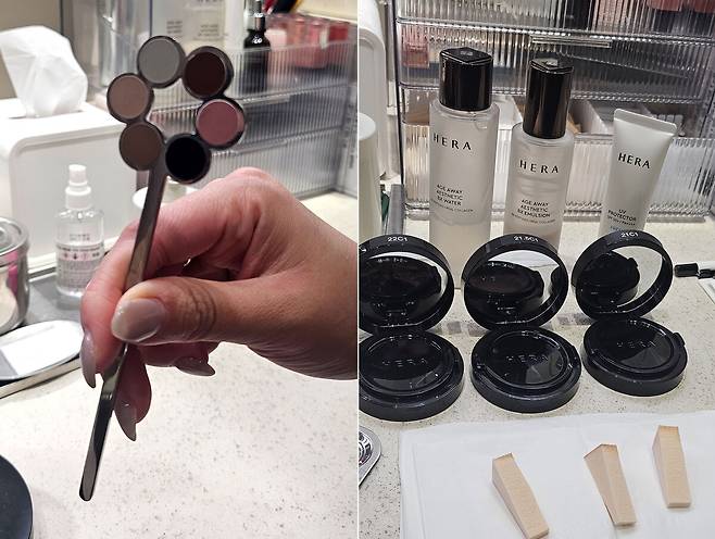 6개의 컬러가 표시된 ‘쉐이드 링’을 얼굴에 갖다 대면 자동으로 피부톤이 분석된다. 박윤희 기자