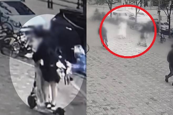 지난해 10월18일 오후 인천 연수구 송도동 한 인도에서 중학생 2명이 탄 전동 킥보드가 모녀를 향해 빠르게 질주하는 모습. JTBC·KBS 보도화면 캡처